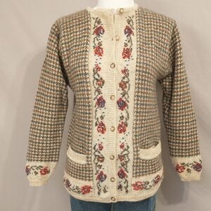 Vintage Shetland Wool Cardigan Floral & Check Knit Sweater Cottagecore w Pockets